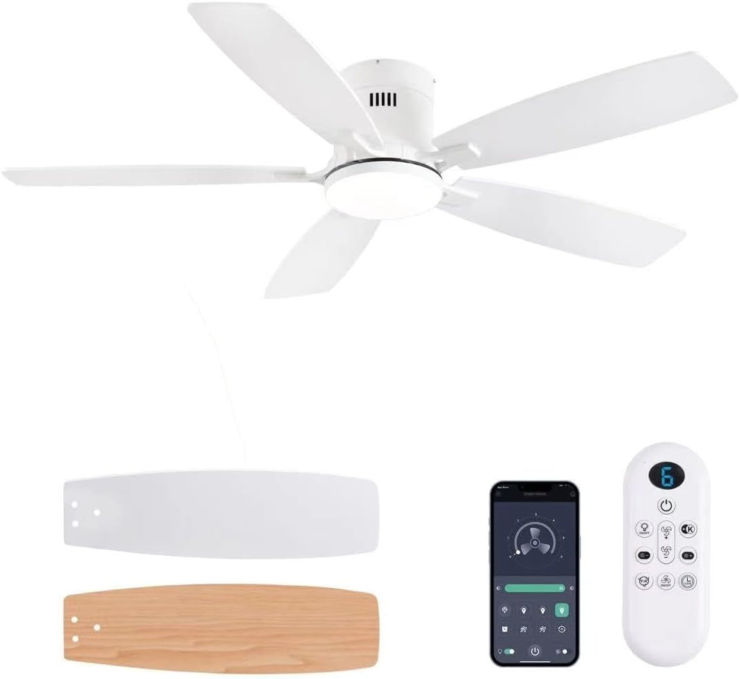 52Inch Flush Mount Ceiling Fans with Lights and Remote/App Control, Dimmable LED, Reversible DC Motor, Noiseless, Low Profile White Ceiling Fan for Livingroom, Indoor/Outdoor Use