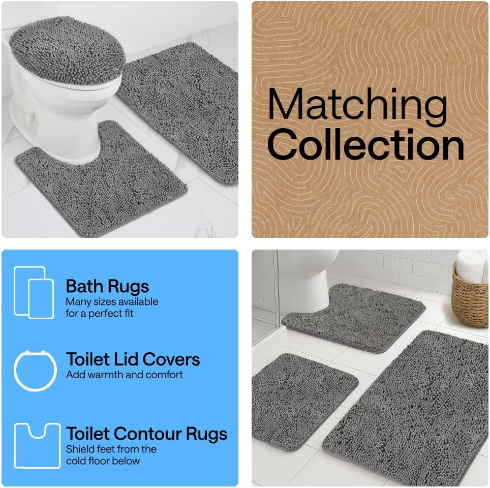 Bath Rug Mat, Thick Soft Absorbent Chenille, Quick Dry Microfiber Mats, Rubber Backing Washable Shower Floor Rugs, US Designed Bathroom Bathmat Home Decor Accessories, 24X17, Grey