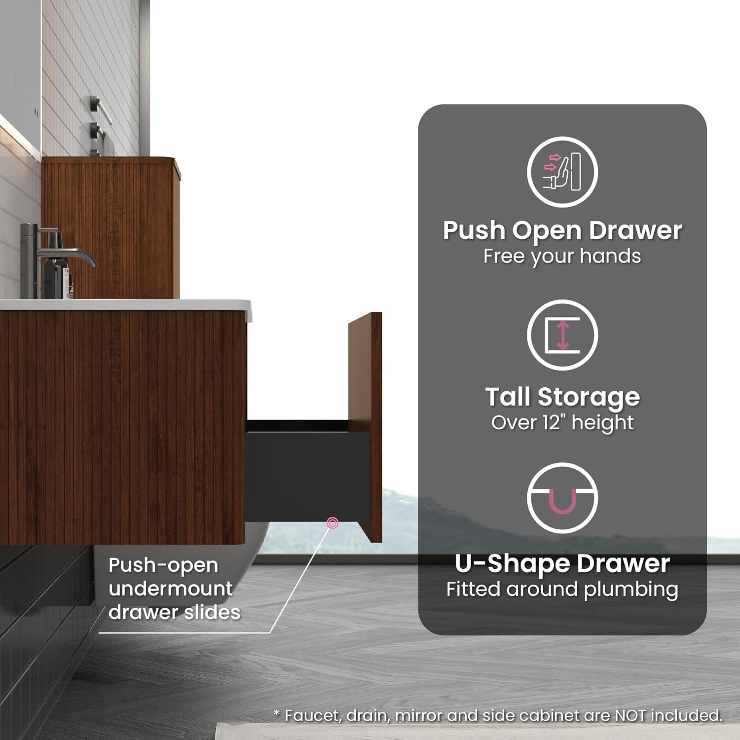 30" Bathroom Vanity with Sink, Modern Floating Vanity with Push Open Soft Close Drawer, Large Storage for Small Space, Walnut, Fully Assembled - Camellia Collection