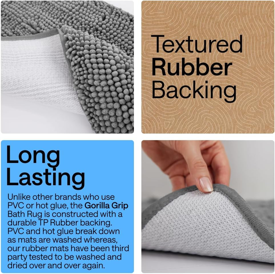 Bath Rug Mat, Thick Soft Absorbent Chenille, Quick Dry Microfiber Mats, Rubber Backing Washable Shower Floor Rugs, US Designed Bathroom Bathmat Home Decor Accessories, 24X17, Grey