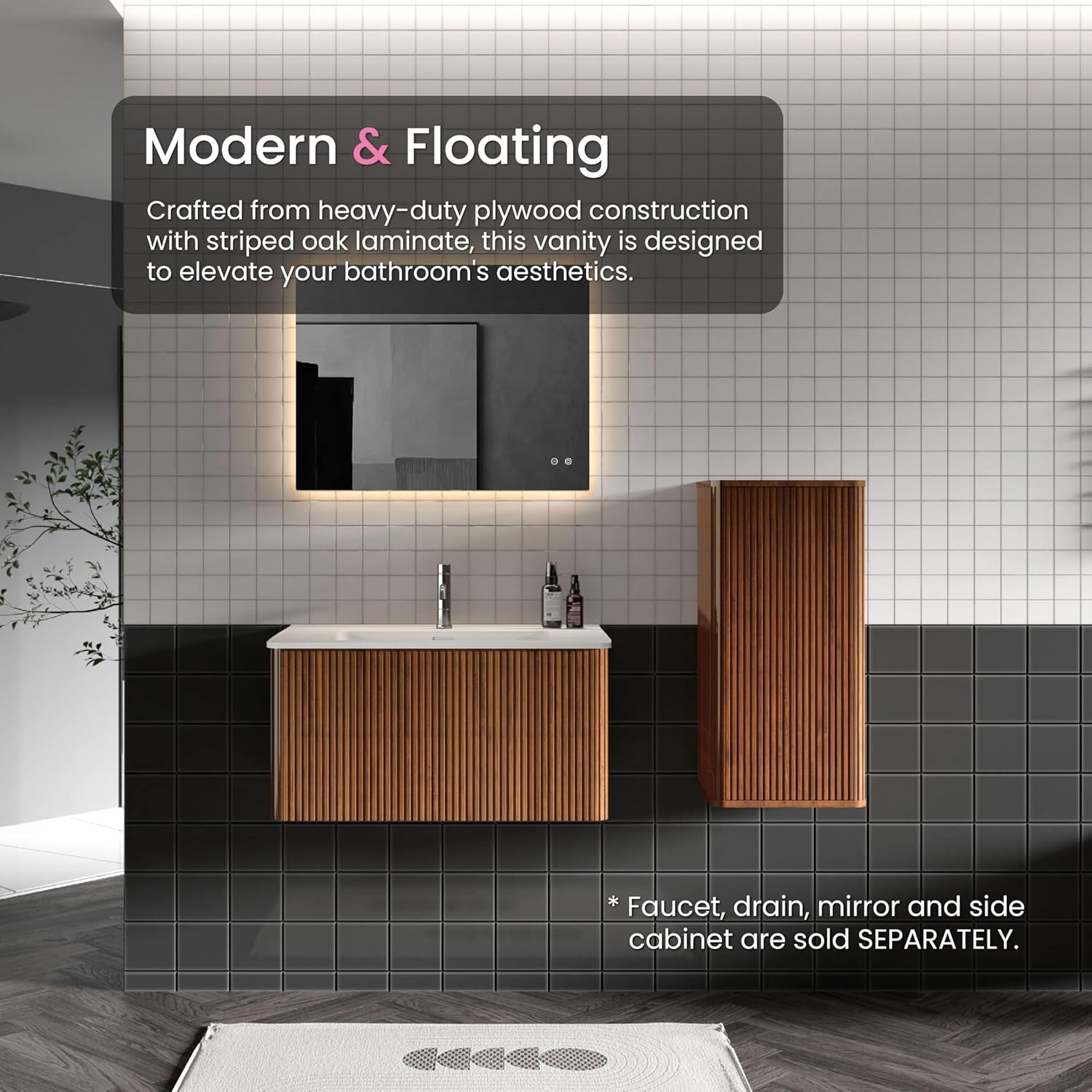 30" Bathroom Vanity with Sink, Modern Floating Vanity with Push Open Soft Close Drawer, Large Storage for Small Space, Walnut, Fully Assembled - Camellia Collection