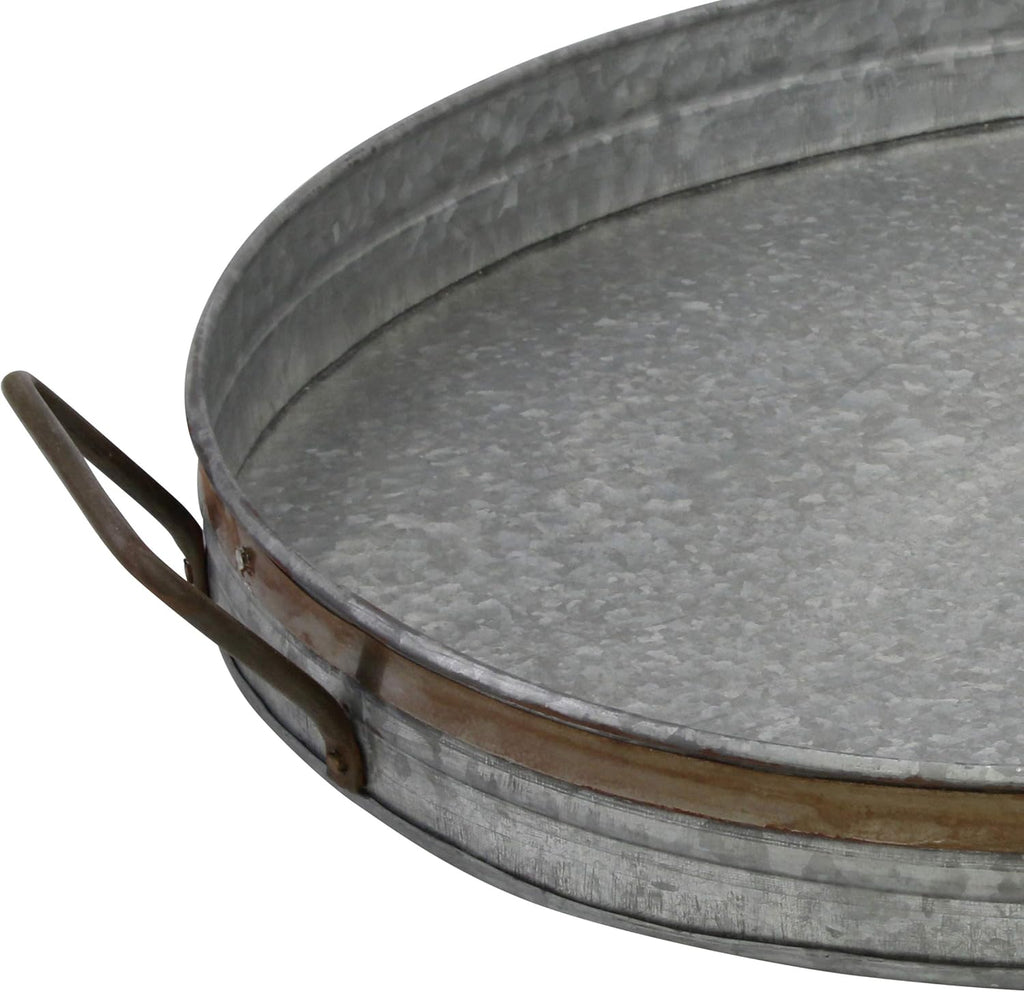 Oval Galvanized Metal Serving Tray with Rust Trim and Metal Handles, Decorative Centerpiece for Coffee Table or Dining Table, Large