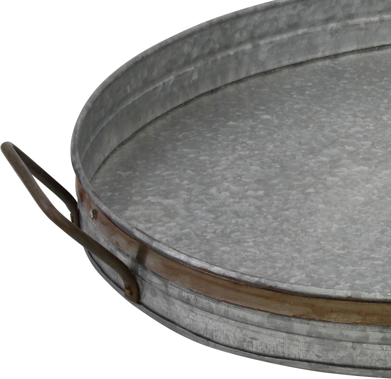 Oval Galvanized Metal Serving Tray with Rust Trim and Metal Handles, Decorative Centerpiece for Coffee Table or Dining Table, Large