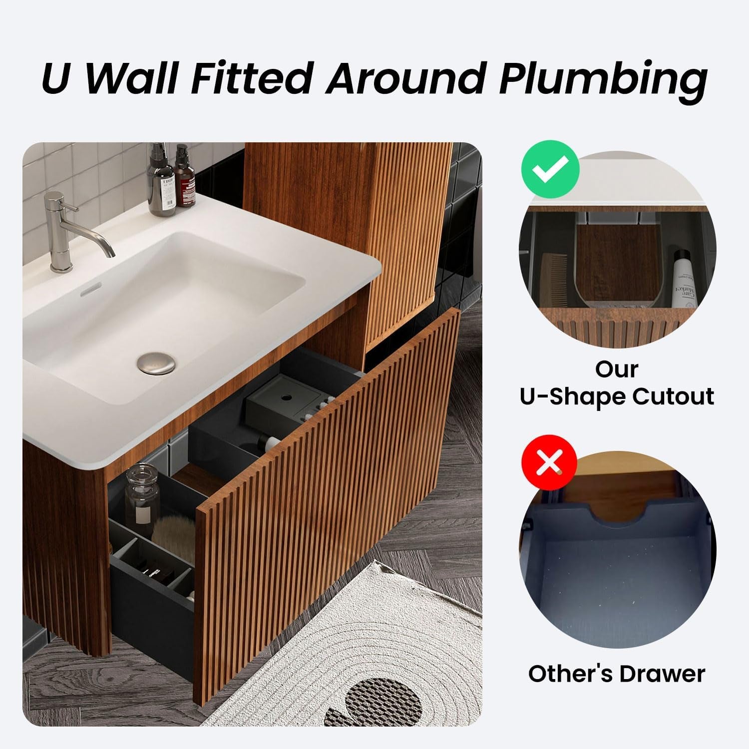 30" Bathroom Vanity with Sink, Modern Floating Vanity with Push Open Soft Close Drawer, Large Storage for Small Space, Walnut, Fully Assembled - Camellia Collection