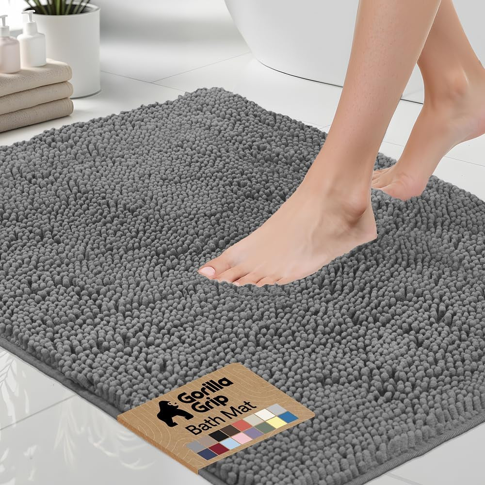 Bath Rug Mat, Thick Soft Absorbent Chenille, Quick Dry Microfiber Mats, Rubber Backing Washable Shower Floor Rugs, US Designed Bathroom Bathmat Home Decor Accessories, 24X17, Grey