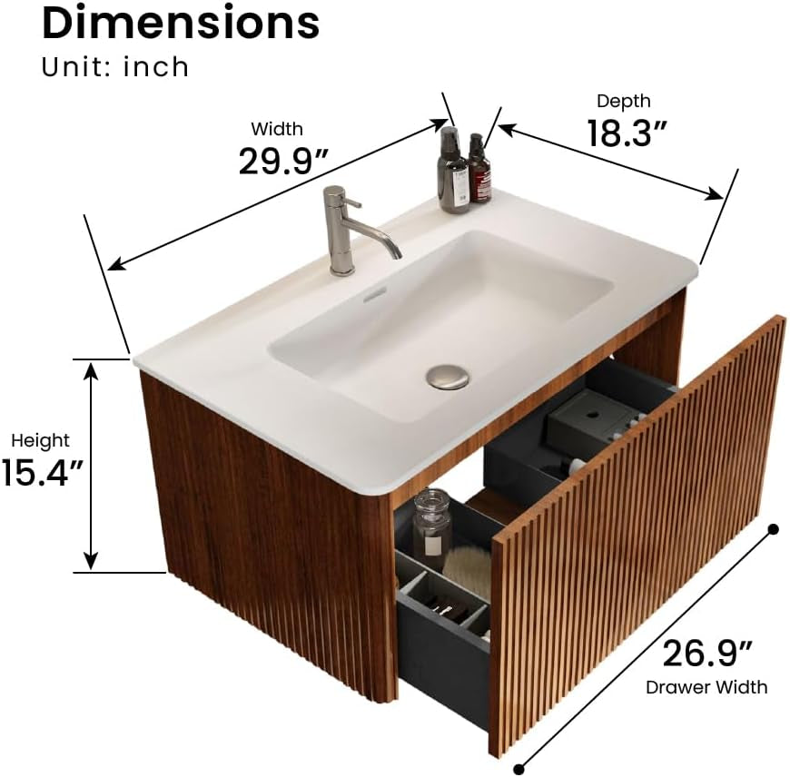 30" Bathroom Vanity with Sink, Modern Floating Vanity with Push Open Soft Close Drawer, Large Storage for Small Space, Walnut, Fully Assembled - Camellia Collection