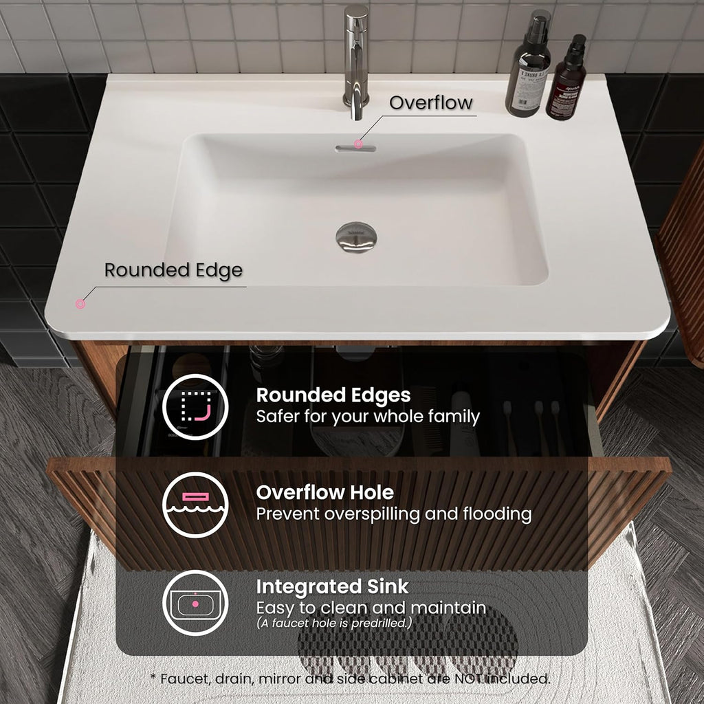 30" Bathroom Vanity with Sink, Modern Floating Vanity with Push Open Soft Close Drawer, Large Storage for Small Space, Walnut, Fully Assembled - Camellia Collection