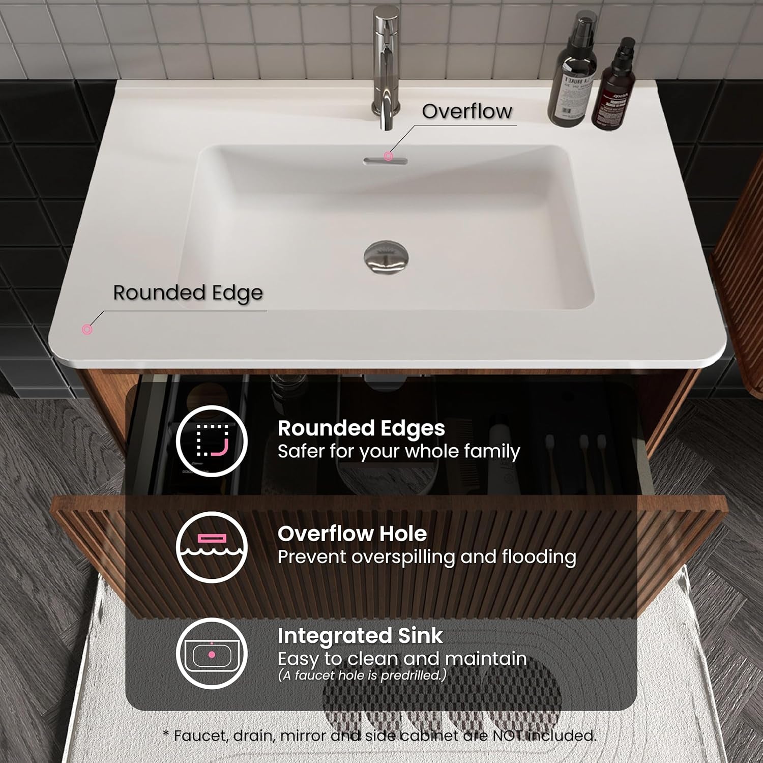 30" Bathroom Vanity with Sink, Modern Floating Vanity with Push Open Soft Close Drawer, Large Storage for Small Space, Walnut, Fully Assembled - Camellia Collection