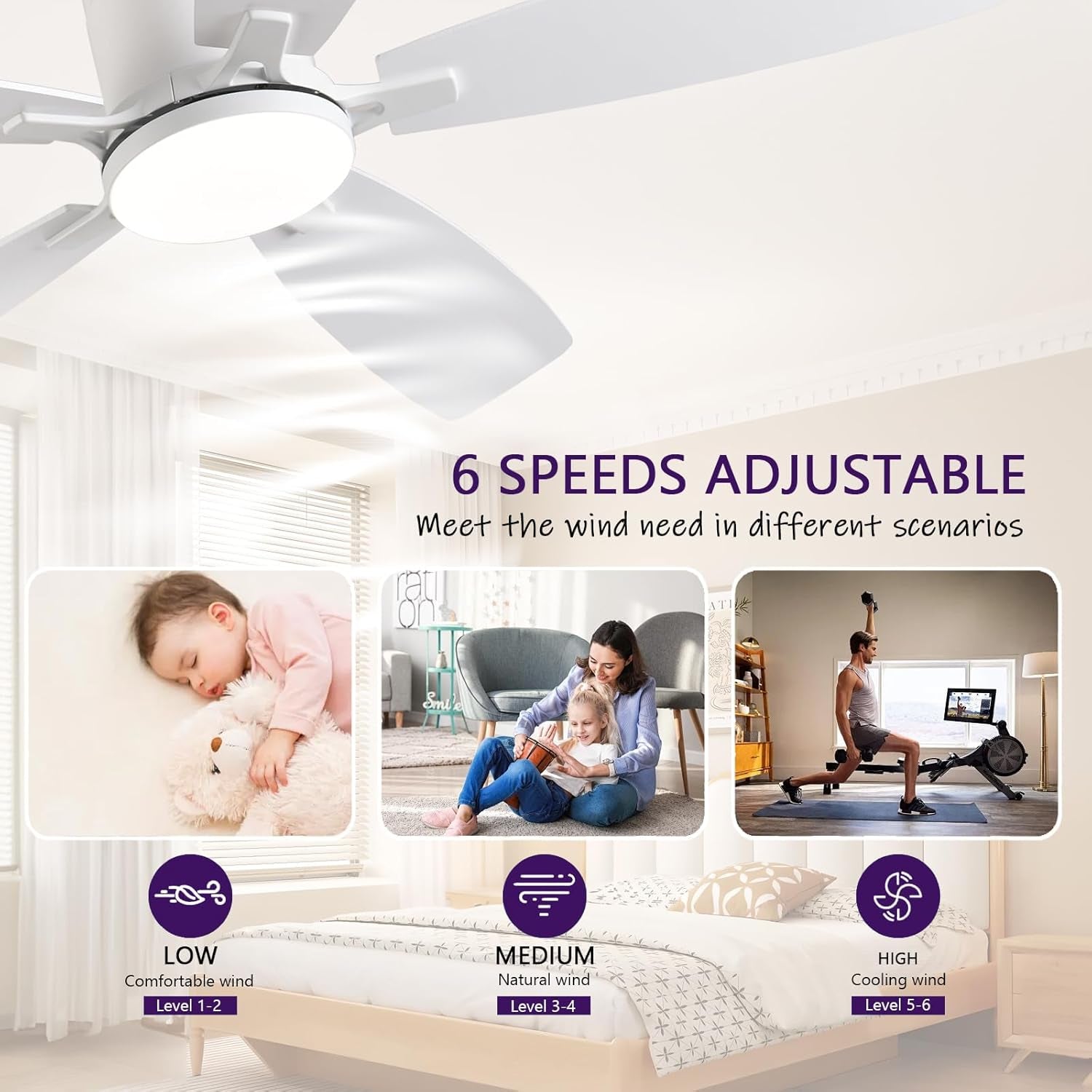 52Inch Flush Mount Ceiling Fans with Lights and Remote/App Control, Dimmable LED, Reversible DC Motor, Noiseless, Low Profile White Ceiling Fan for Livingroom, Indoor/Outdoor Use