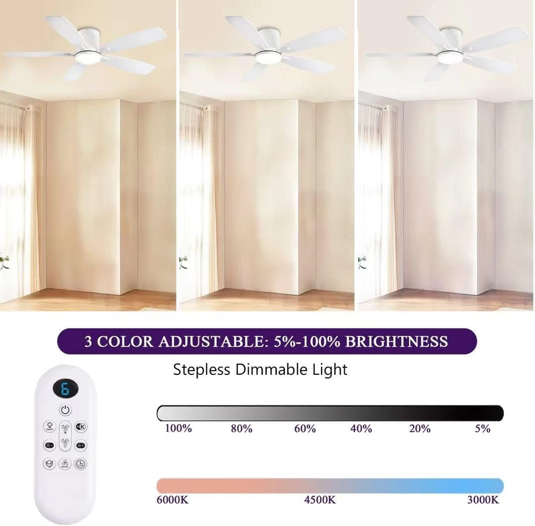 52Inch Flush Mount Ceiling Fans with Lights and Remote/App Control, Dimmable LED, Reversible DC Motor, Noiseless, Low Profile White Ceiling Fan for Livingroom, Indoor/Outdoor Use