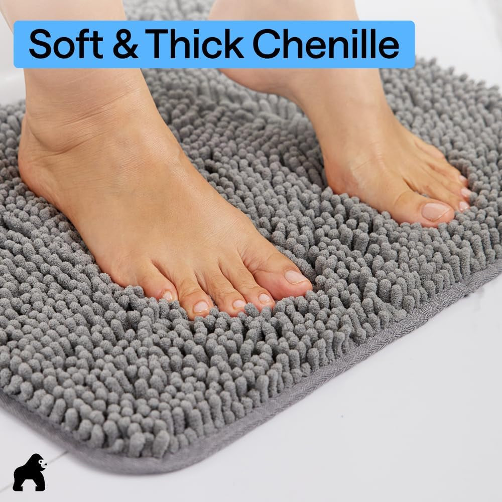 Bath Rug Mat, Thick Soft Absorbent Chenille, Quick Dry Microfiber Mats, Rubber Backing Washable Shower Floor Rugs, US Designed Bathroom Bathmat Home Decor Accessories, 24X17, Grey