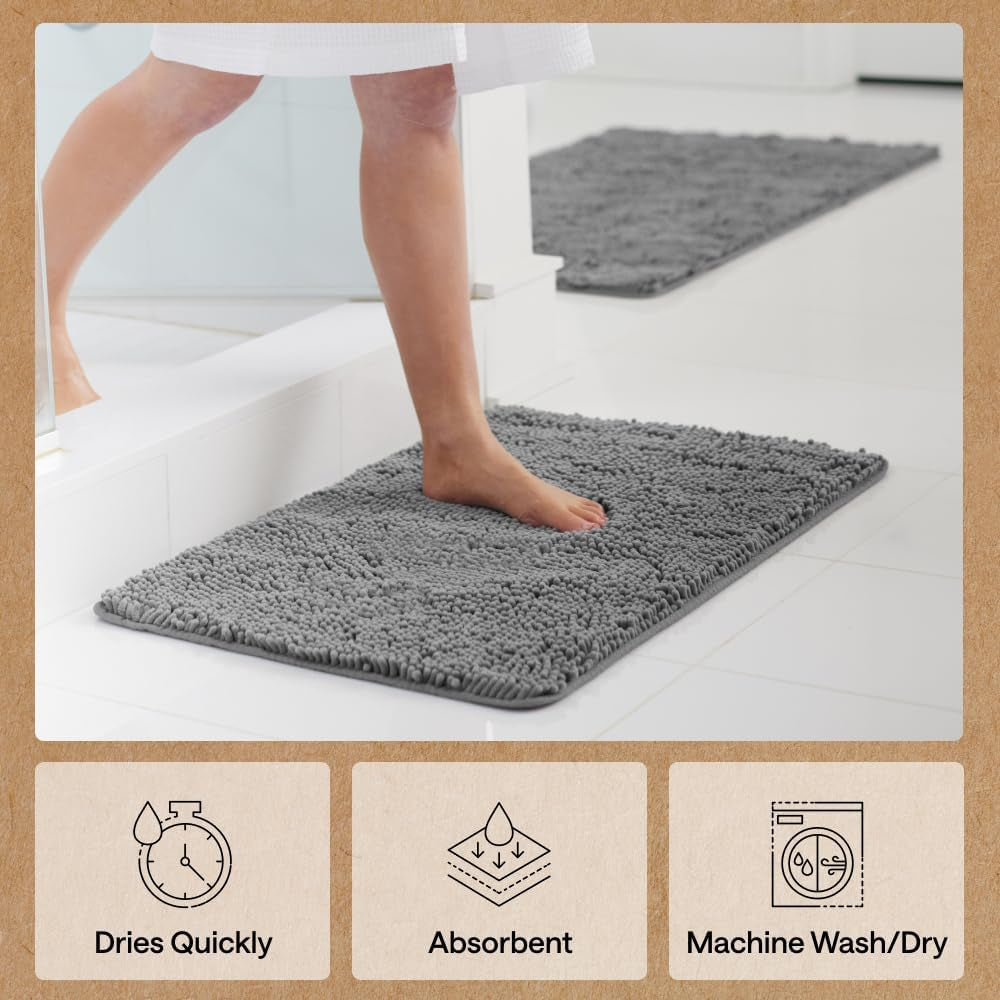 Bath Rug Mat, Thick Soft Absorbent Chenille, Quick Dry Microfiber Mats, Rubber Backing Washable Shower Floor Rugs, US Designed Bathroom Bathmat Home Decor Accessories, 24X17, Grey