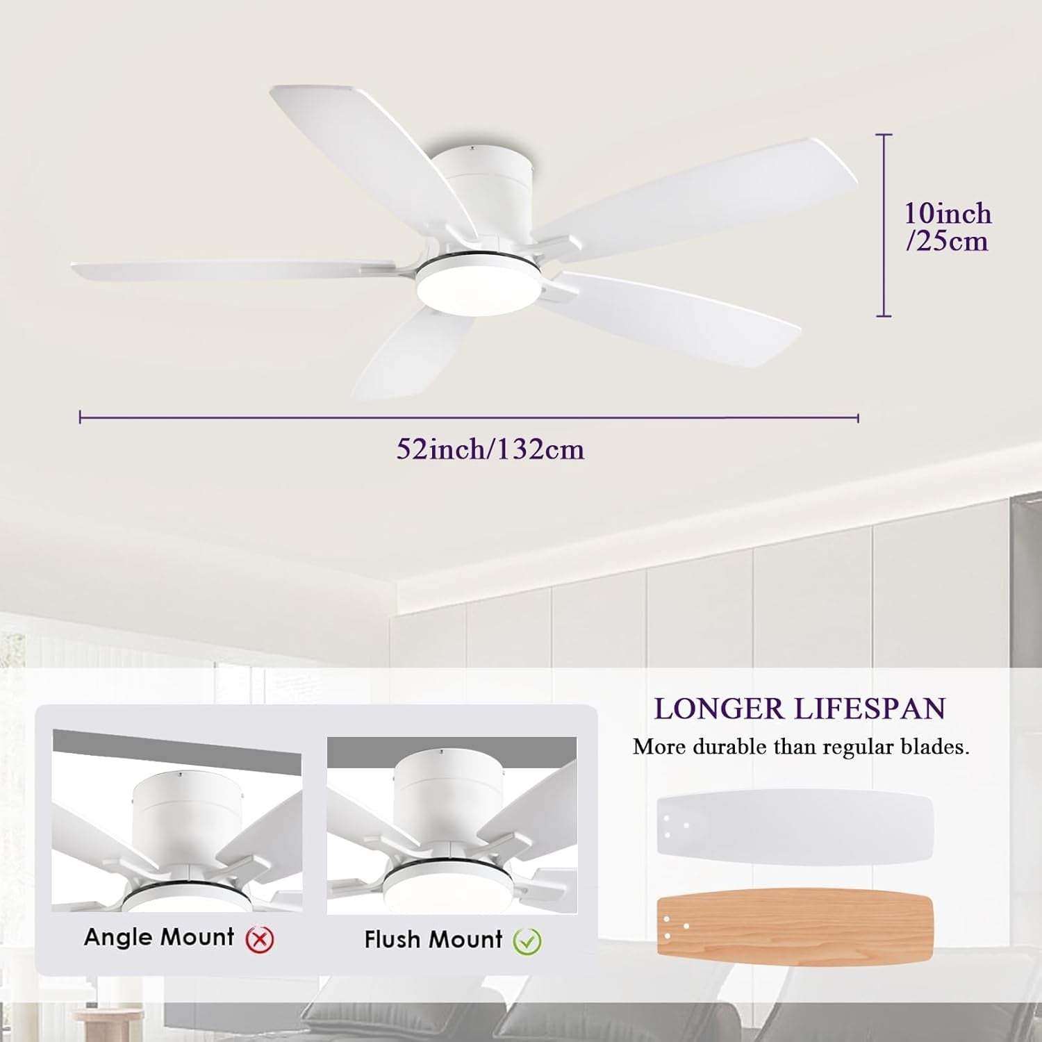 52Inch Flush Mount Ceiling Fans with Lights and Remote/App Control, Dimmable LED, Reversible DC Motor, Noiseless, Low Profile White Ceiling Fan for Livingroom, Indoor/Outdoor Use