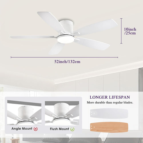 52Inch Flush Mount Ceiling Fans with Lights and Remote/App Control, Dimmable LED, Reversible DC Motor, Noiseless, Low Profile White Ceiling Fan for Livingroom, Indoor/Outdoor Use