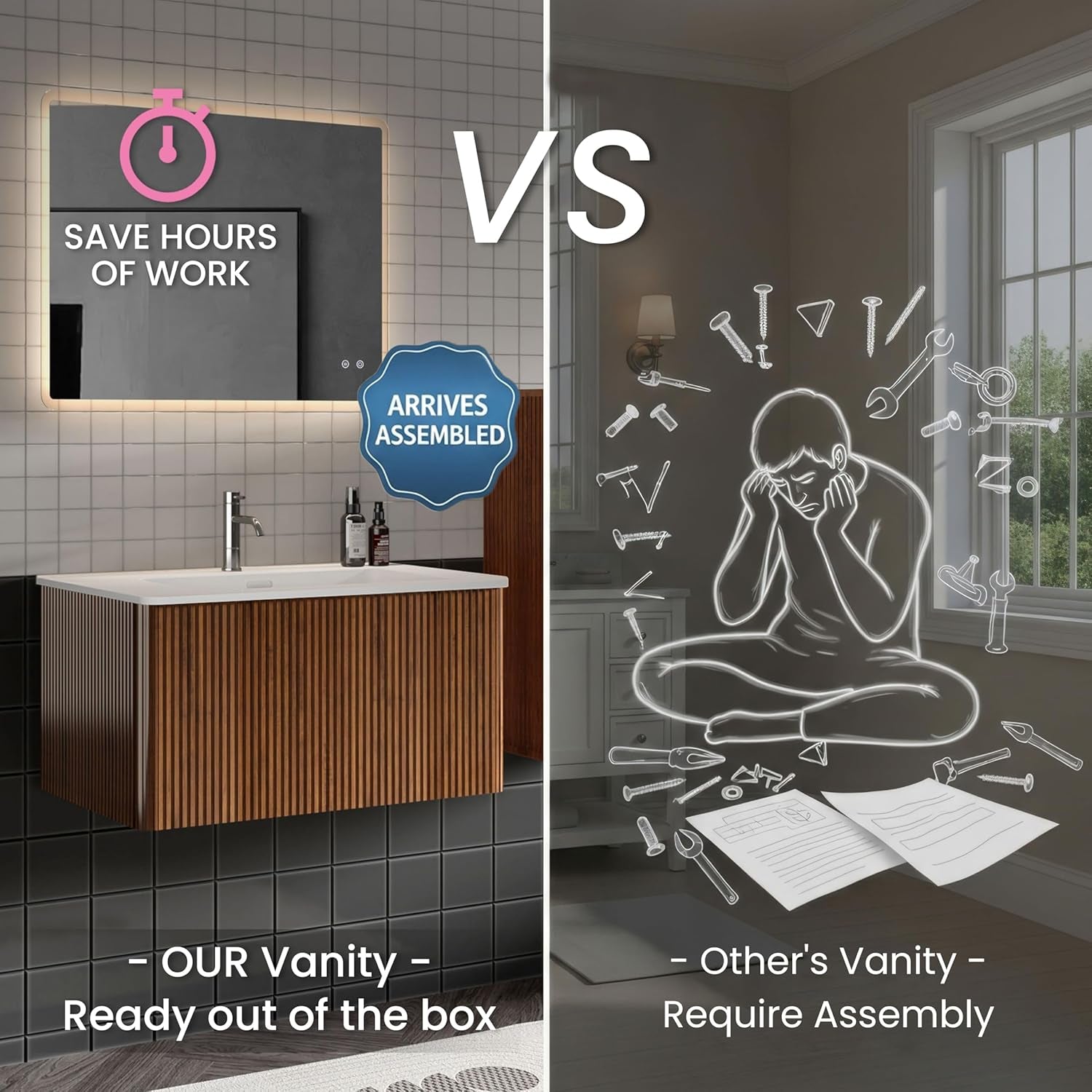 30" Bathroom Vanity with Sink, Modern Floating Vanity with Push Open Soft Close Drawer, Large Storage for Small Space, Walnut, Fully Assembled - Camellia Collection