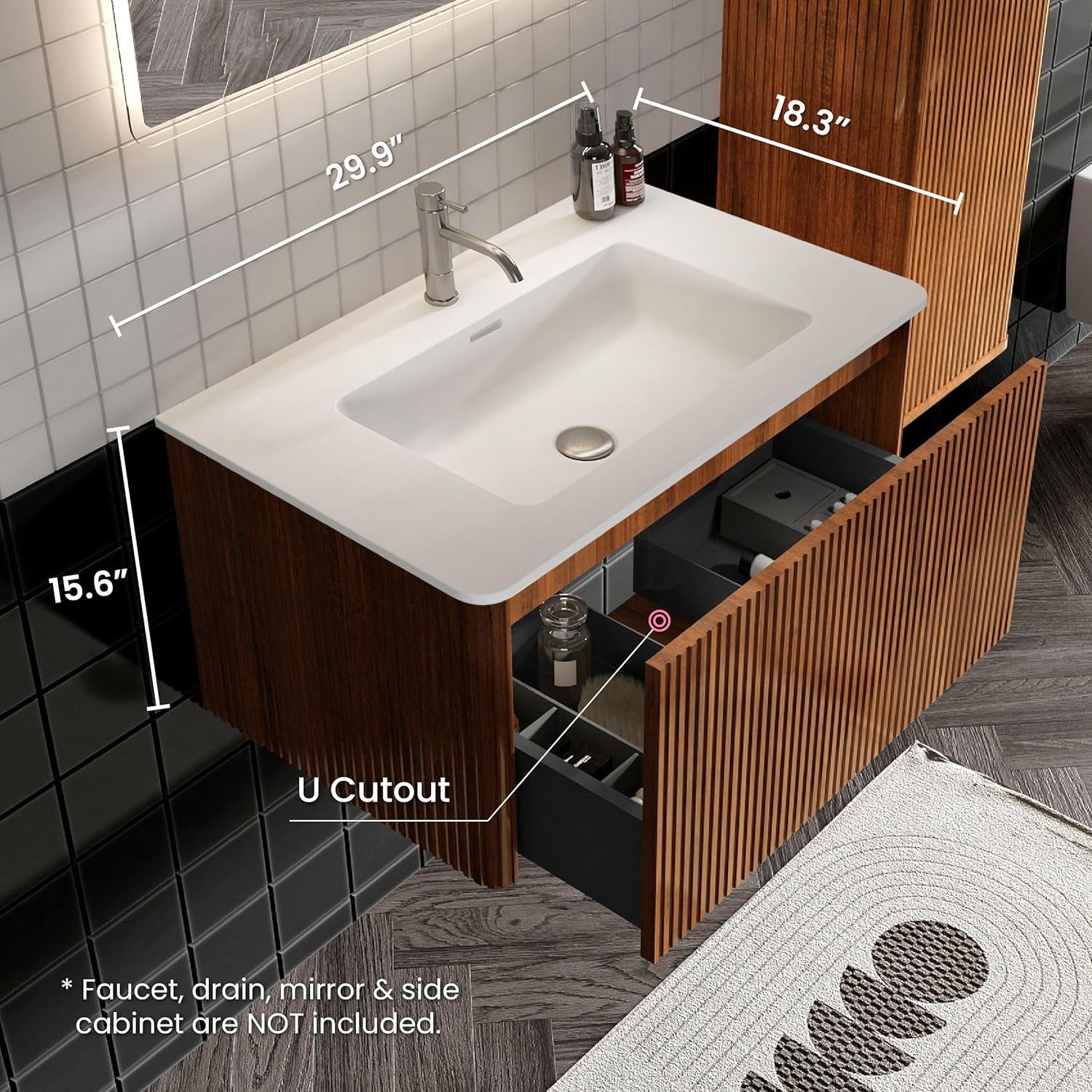 30" Bathroom Vanity with Sink, Modern Floating Vanity with Push Open Soft Close Drawer, Large Storage for Small Space, Walnut, Fully Assembled - Camellia Collection