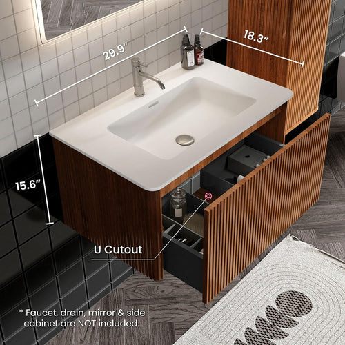 30" Bathroom Vanity with Sink, Modern Floating Vanity with Push Open Soft Close Drawer, Large Storage for Small Space, Walnut, Fully Assembled - Camellia Collection