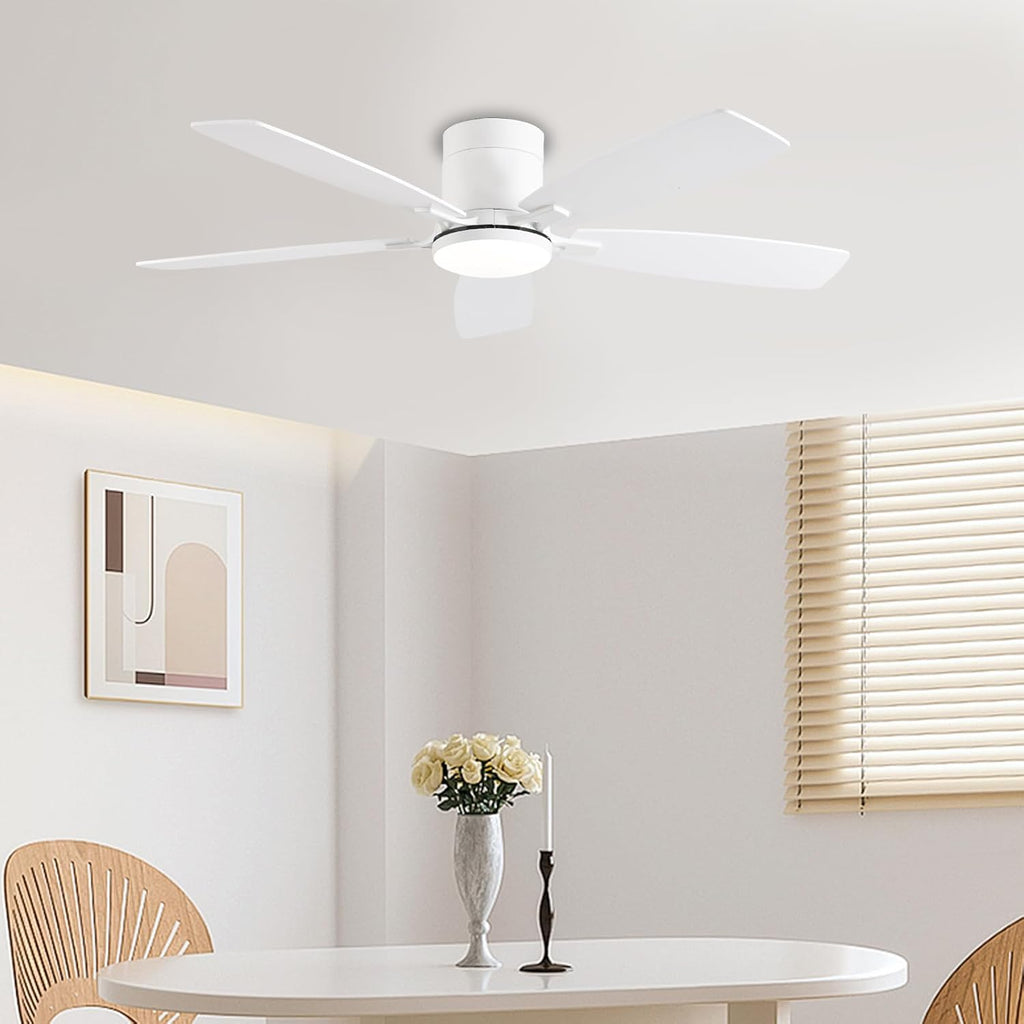 52Inch Flush Mount Ceiling Fans with Lights and Remote/App Control, Dimmable LED, Reversible DC Motor, Noiseless, Low Profile White Ceiling Fan for Livingroom, Indoor/Outdoor Use