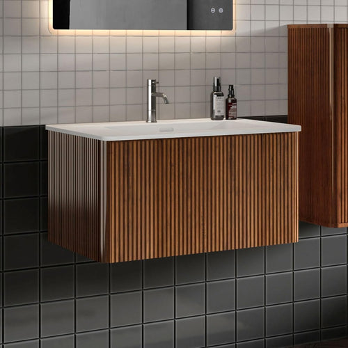 30" Bathroom Vanity with Sink, Modern Floating Vanity with Push Open Soft Close Drawer, Large Storage for Small Space, Walnut, Fully Assembled - Camellia Collection